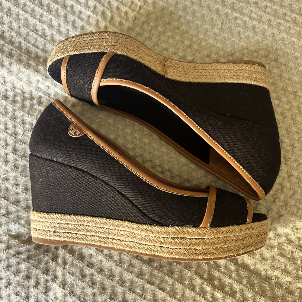 Tory Burch Black Canvas and Tan Trim Espadrille Wedges